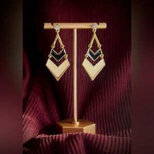 Gold Earrings, Black & Cream Chevron Design